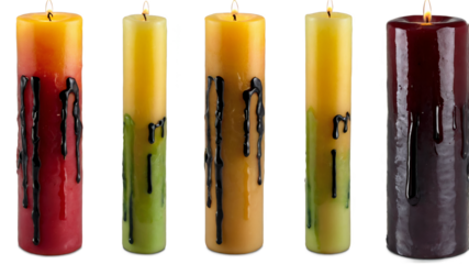 A set of small cylindrical candles with a melted wax appearance. Each candle is approximately 1 inch tall and 1 inch in diameter.