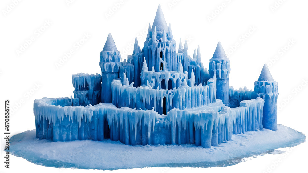 Poster a majestic ice castle complete with turrets and intricate details standing tall and proud in its fro