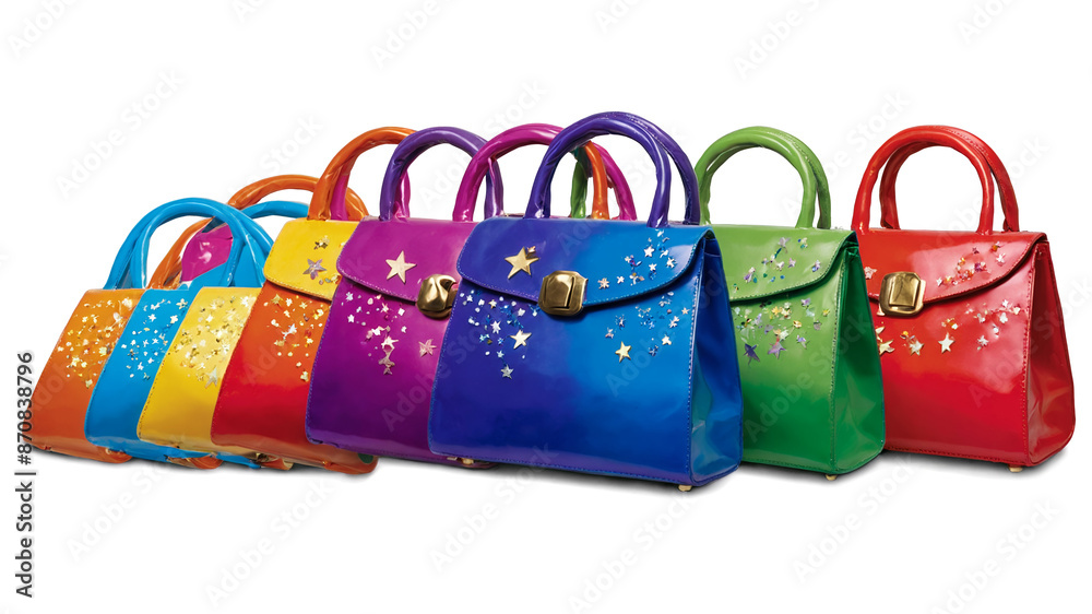 Poster a collection of small rectangular bags in vibrant hues. each bag has a glossy finish and is decorate