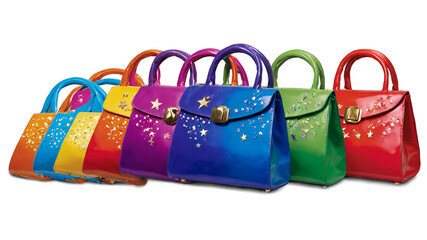 Naklejka premium A collection of small rectangular bags in vibrant hues. Each bag has a glossy finish and is decorated with tiny stars and streamers making them ideal for a celebratory occasion.