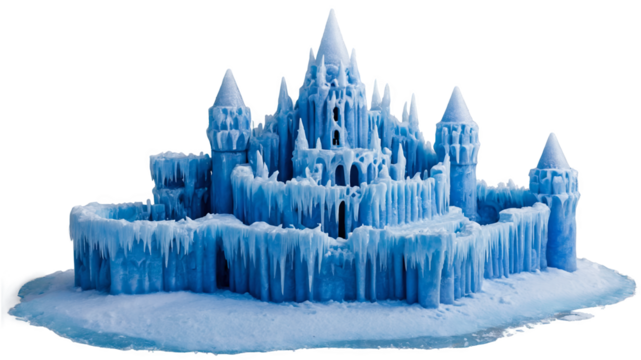 A majestic ice castle complete with turrets and intricate details standing tall and proud in its frozen glory.