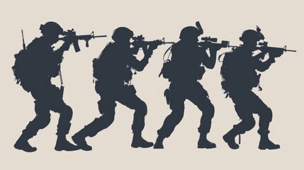 Fototapeta premium Team special forces. soldier assault rifle with silencer.Silhouette action soldiers hold weapons.military and danger concept