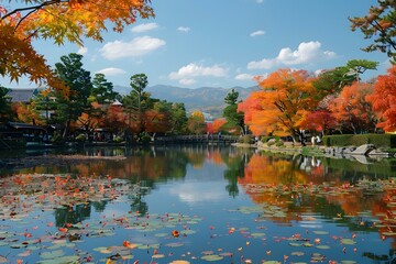 Autumn Scenery in Japan with Red and Orange Leaves Overlooking a Calm Lake