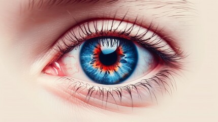 A close-up of a striking blue eye with a red iris