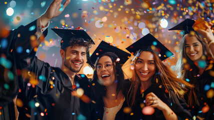A group of students dancing at a graduation party celebrating receiving their diplomas.
