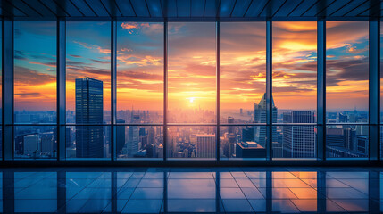 Fototapeta premium skyscraper view from window of office building with glass pane facades during sunset, Business theme background