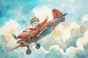 Naklejka premium Happy Boy Flying in a Red Airplane - A cartoon boy with a joyful expression is flying in a red airplane against a watercolor sky. - A cartoon boy with a joyful expression is flying in a red airplane a