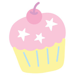 Pastel illustration of cupcake with cherry and star for bakery, pastry, birthday party, cafe, restaurant, menu, recipe, baking elements, logo, icon, sticker, grocery shopping, fast food, brunch, patch