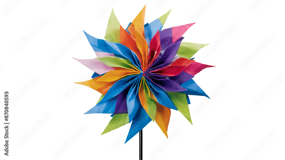 Poster A circular pinwheel featuring multiple layers of bright overlapping triangles in various sizes. The pinwheel spins easily in the wind and adds a playful touch to the celebration.