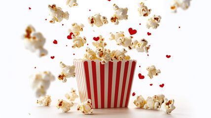 Red and White Striped Popcorn Bucket Filled With Popcorn. popcorn bucket, red and white stripes, popcorn, filled with popcorn, movie snack, cinema popcorn, popcorn close-up, striped bucket, 