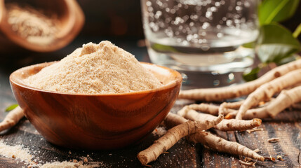 Fototapeta premium Wooden bowl filled with ashwagandha powder next to whole ashwagandha roots on rustic wooden table