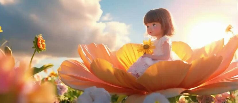 animated pixie fairy small girl sitting on flower 