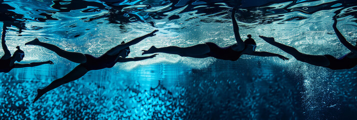 Synchronized Swimmers in Underwater Silhouette - Four synchronized swimmers are seen in silhouette while performing underwater, their bodies forming an elegant arc. - Four synchronized swimmers are se