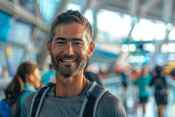 Portrait of a blissful man in his 30s wearing a moisture-wicking running shirt on bustling airport terminal background