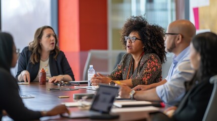 Diverse group of business professionals, including women in leadership and people with disabilities, engaged in a brainstorming session, fostering inclusive collaboration and innovation.