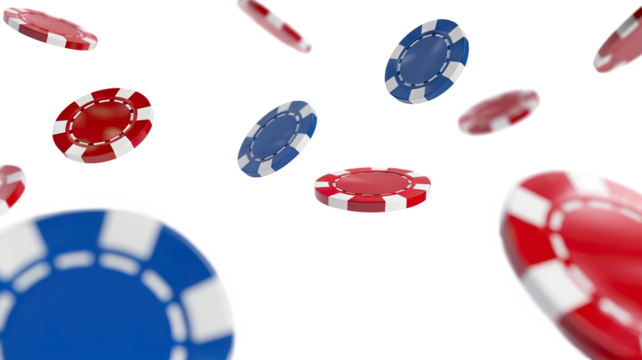 Casino chips falling in the air, cut out