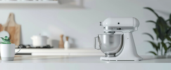 A white Kitchenaid mixer sits on a counter in a kitchen by AI generated image