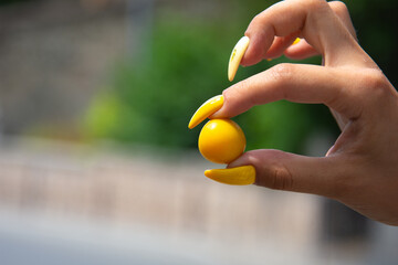Summer and vacation. A woman's hand holds a small fruit.