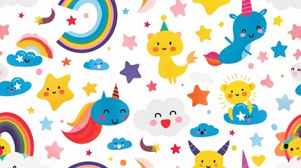 Fun and friendly pattern featuring cute, cartoon-style characters like smiling clouds, stars, and rainbow-colored animals, creating a playful and whimsical design.


