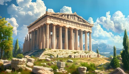Obraz premium A well preserved ancient greek temple standing tall on top of a grassy hill