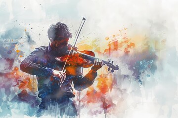 Fototapeta premium Watercolor Portrait of a Violinist - A stylized illustration of a man playing the violin with a watercolor background. - A stylized illustration of a man playing the violin with a watercolor backgroun