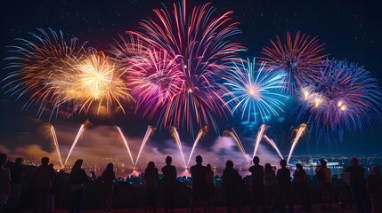 Fireworks exploding over a city skyline, people watching
