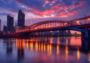 Obraz premium Cityscape Bridge Sunset Reflection