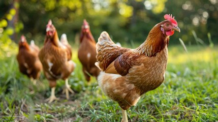 Brown Chickens in a Grassy Field