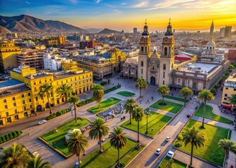 Vibrant cityscape of Lima Peru captured by drone, showcasing majestic colonial architecture, tranquil Plaza de Armas, and sprawling urban landscape nestled in Andean foothills.