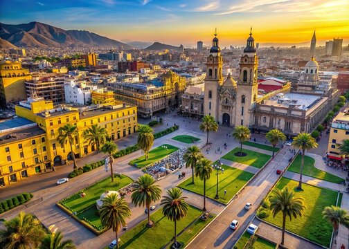Vibrant cityscape of Lima Peru captured by drone, showcasing majestic colonial architecture, tranquil Plaza de Armas, and sprawling urban landscape nestled in Andean foothills.