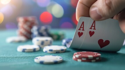 Close-up of a poker player's hand revealing pocket aces on a green table with poker chips and colorful bokeh in the background.
