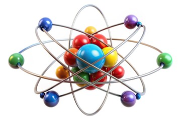 Stylized 3D atom model with colorful protons, neutrons, and electrons orbiting a central nucleus, isolated on a pure white background, symbolizing science and technology.