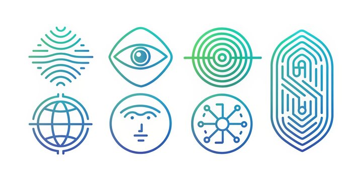 Modern futuristic biometric technology icons set including fingerprint, face recognition, iris scan, and DNA helix on a clean white background in simple outline style. - Powered by Adobe