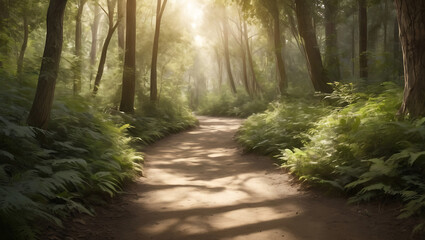 Obraz premium A background featuring a peaceful forest path with dappled sunlight along with natural, earthy tones with ample copy space