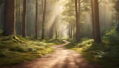 Fototapeta premium A background featuring a peaceful forest path with dappled sunlight along with natural, earthy tones with ample copy space