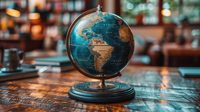 A world globe on a bokeh background. Earth globe on a wood table. Vintage globe alongside open books on a rustic wooden table