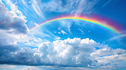 A vibrant rainbow in a blue sky with white clouds © Dennis