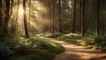 Obraz premium A background featuring a peaceful forest path with dappled sunlight along with natural, earthy tones with ample copy space