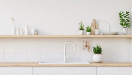 A kitchen with a white sink and a wooden shelf above it by AI generated image