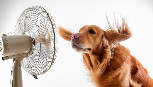 Dog in front of a Fan - Cooling down in Hot Weather - Air conditioning for Animals - Animal Care during Summer - Global Warming - Warm Temperature and Heatwave - Blowing Air to Golden Retriever