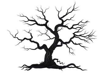 A gnarled, bare tree stands against a black background, its branches reaching towards the sky. The silhouette evokes a sense of mystery and isolation.