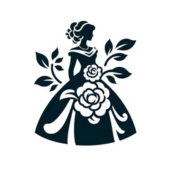 Obraz premium black and white isolated illustration depicting a graceful woman in a flowing dress adorned with intricate floral patterns