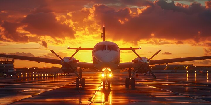 airplane on runway at sunset