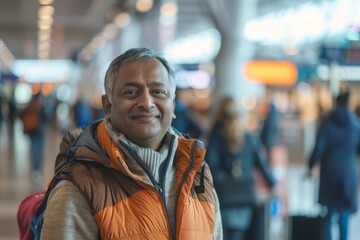 Fototapeta premium Portrait of a joyful indian man in his 40s dressed in a thermal insulation vest while standing against bustling airport terminal