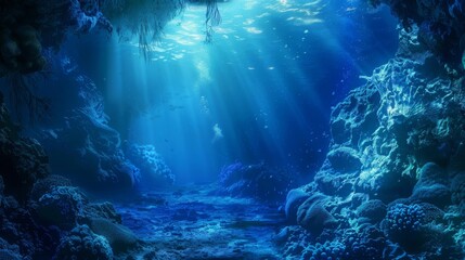 Fototapeta premium Underwater Sea - Deep Abyss With Blue Sun light