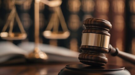 Wooden gavel resting on a desk with justice scales and law books in the background, symbolizing the judicial system and legal proceedings.