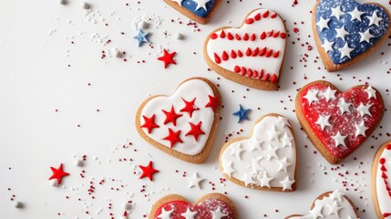 Patriotic Heart Shaped Cookies with Star Decorations - Heart-shaped cookies decorated with red, white, and blue icing and star decorations, celebrating a patriotic theme with a festive and cheerful ap