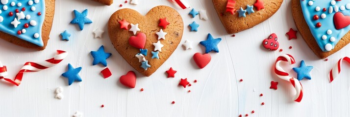 Obraz premium Heart cookies with blue icing and patriotic decorations - Heart-shaped cookies with blue and white icing, adorned with red, white, and blue stars and stripes, set against a white background, suggestin