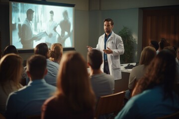 Fototapeta premium young medical professional giving lecture or presentation standing by screen at seminar and speaking to audience