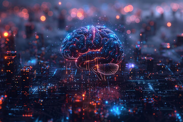 A human brain with a technology background, neural learning and  artificial intelligence (ai) concept 3d illustration